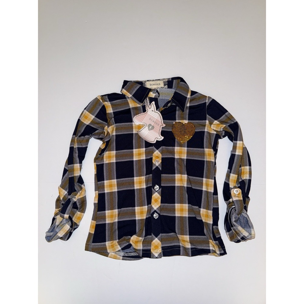 Btween Girls Button Up Shirt 8 Plaid Navy Blue Yellow Gold Sequin Heart Top NWT